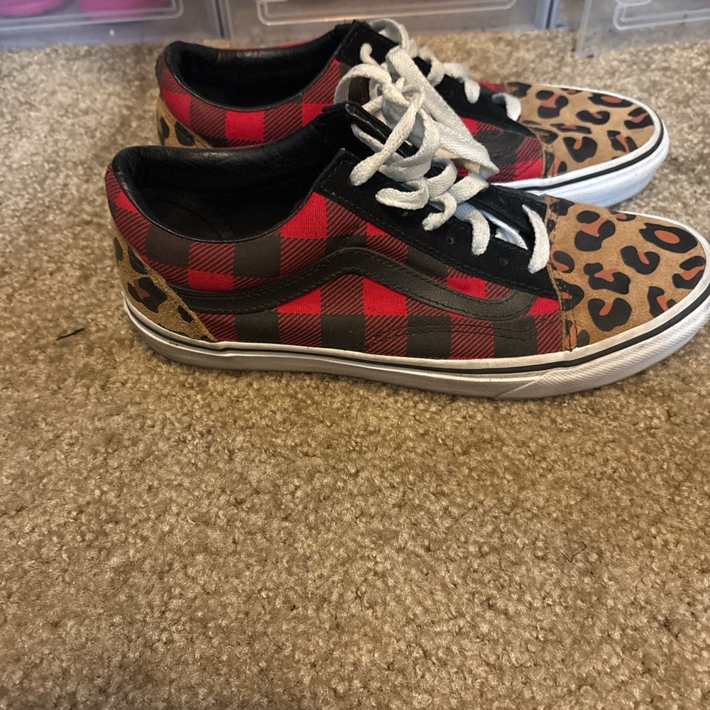 Vans Red Plaid and Leopard Print Sneakers